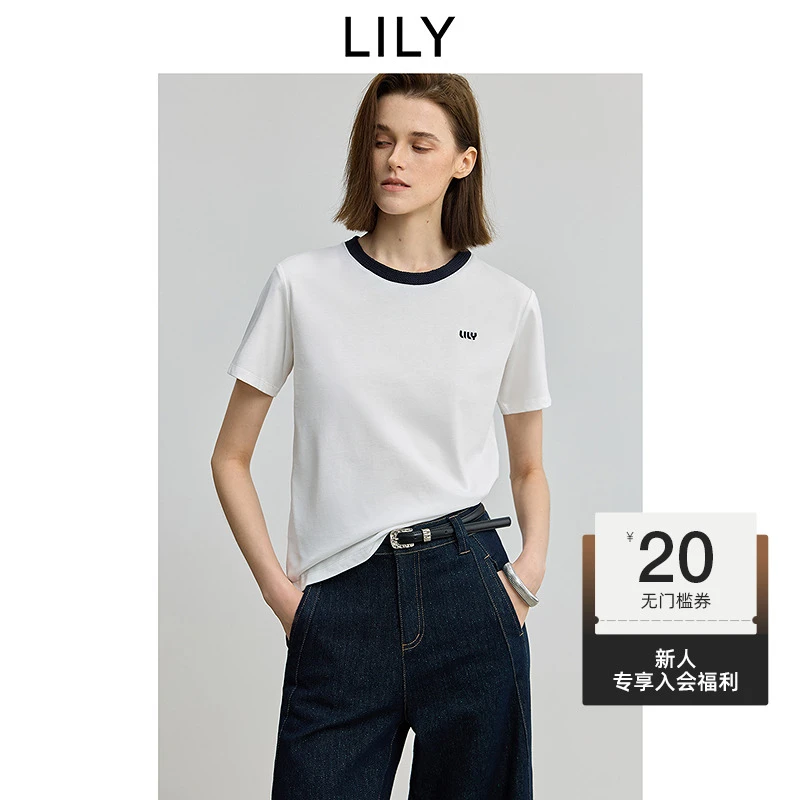 LILY2025秋新款女装纯棉针织圆领正肩休闲通勤短袖T恤125329VT906
