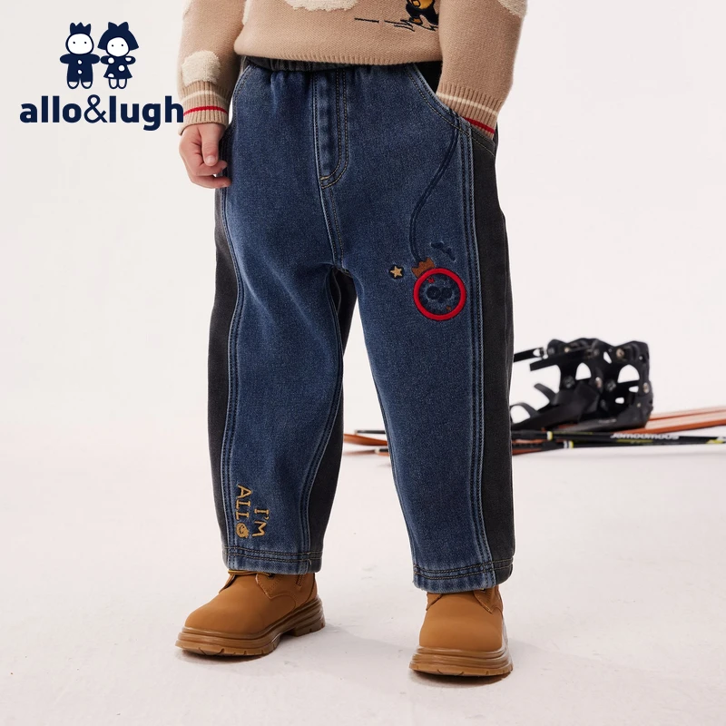 阿路和如男童秋冬2024新款男宝宝撞色刺绣加绒休闲裤牛仔裤子下装