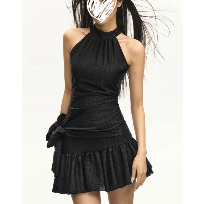 美式复古设计感蝴蝶结挂脖无袖连衣裙女夏季新款裙子