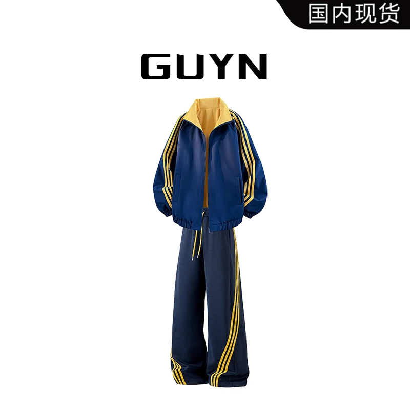 【品牌现货】GUYN双面穿条纹立领夹克外套男春秋新款宽松运动上衣服