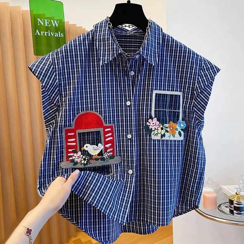 胖妹妹240斤大码条纹格子衬衫女短袖2025新款宽松休闲飞飞袖上衣