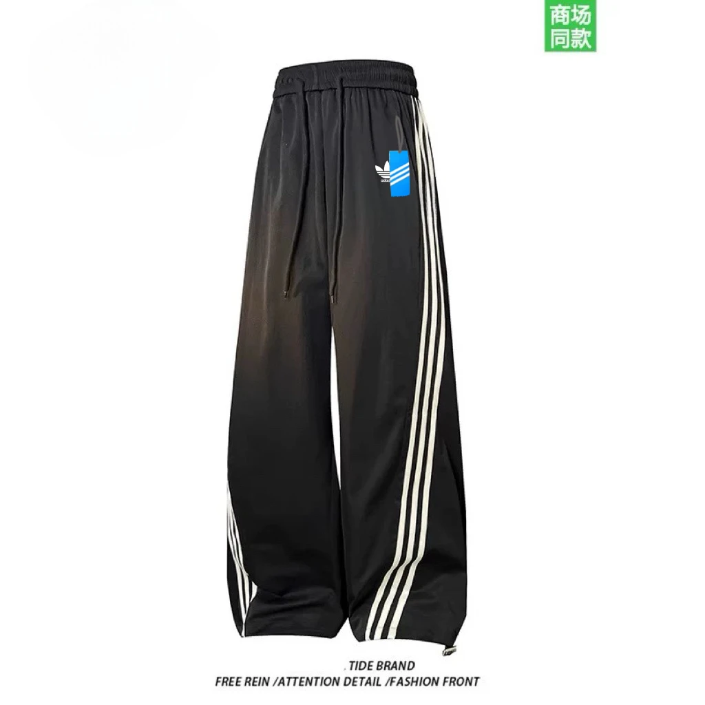 2025春夏新款情侣高腰抽绳休闲裤宽松显瘦侧边条纹运动风阔腿裤女