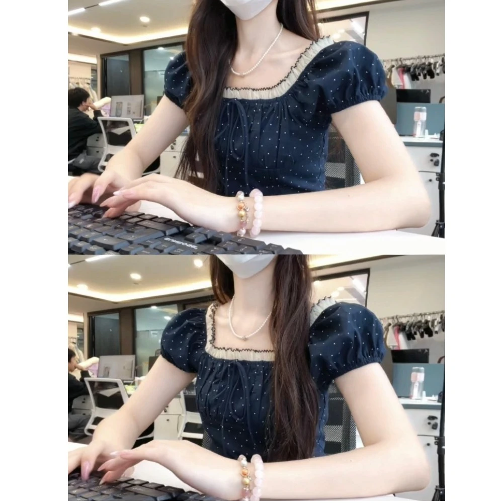 2025夏季新款法式复古泡泡袖正肩短袖方领木耳边藏蓝色波点衬衫女