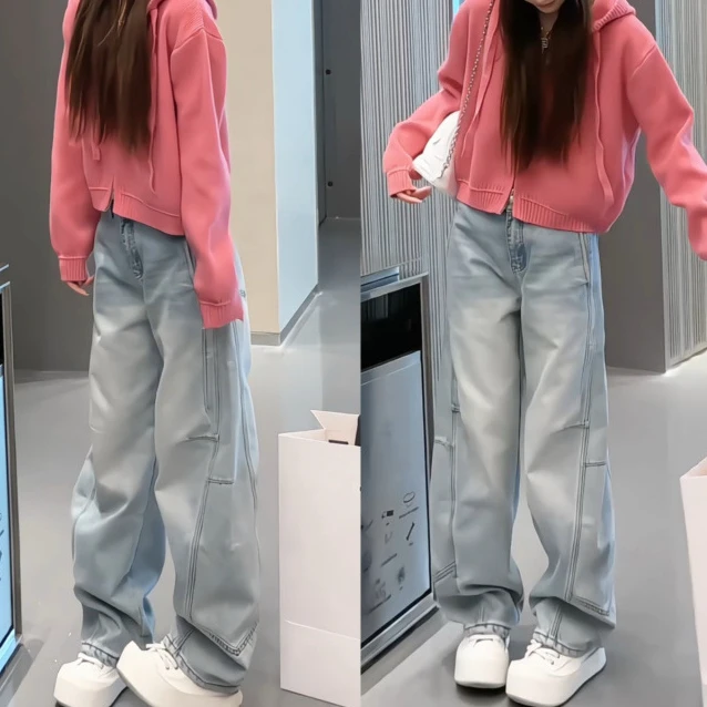 韩系连帽双拉链针织毛衣开衫+高腰显瘦明线设计加绒弯刀牛仔裤女
