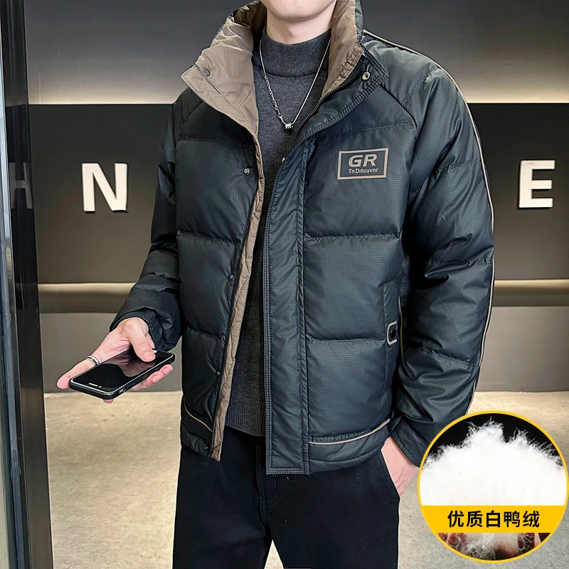 啄木鸟拼色休闲羽绒服户外男士冬季新款加厚潮流帅气短款保暖外套