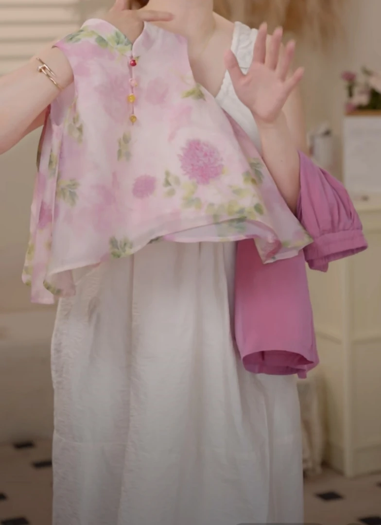 2025夏季女童新中式牡丹无袖旗袍衬衫阔腿裤套装国风套装25512A