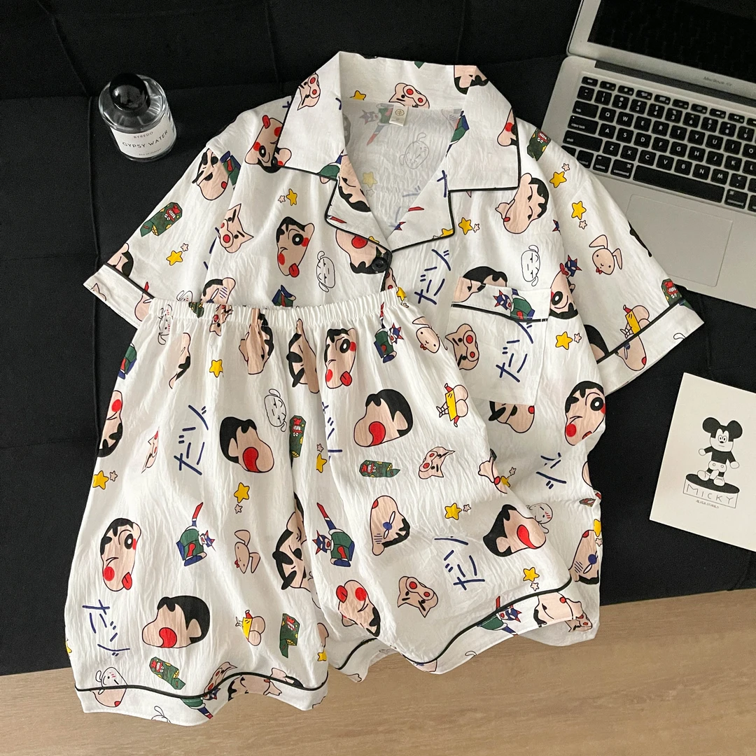睡衣甜美卡通可爱睡衣女网红简约宽松夏季双短套装云朵棉家居服薄
