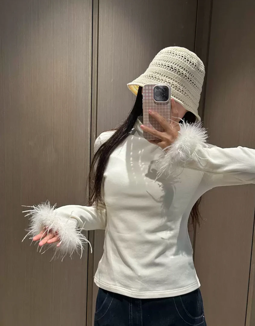 【双面德绒鸵鸟毛】高级感轻奢拼羽毛袖口名媛气质高领长袖内搭修身
