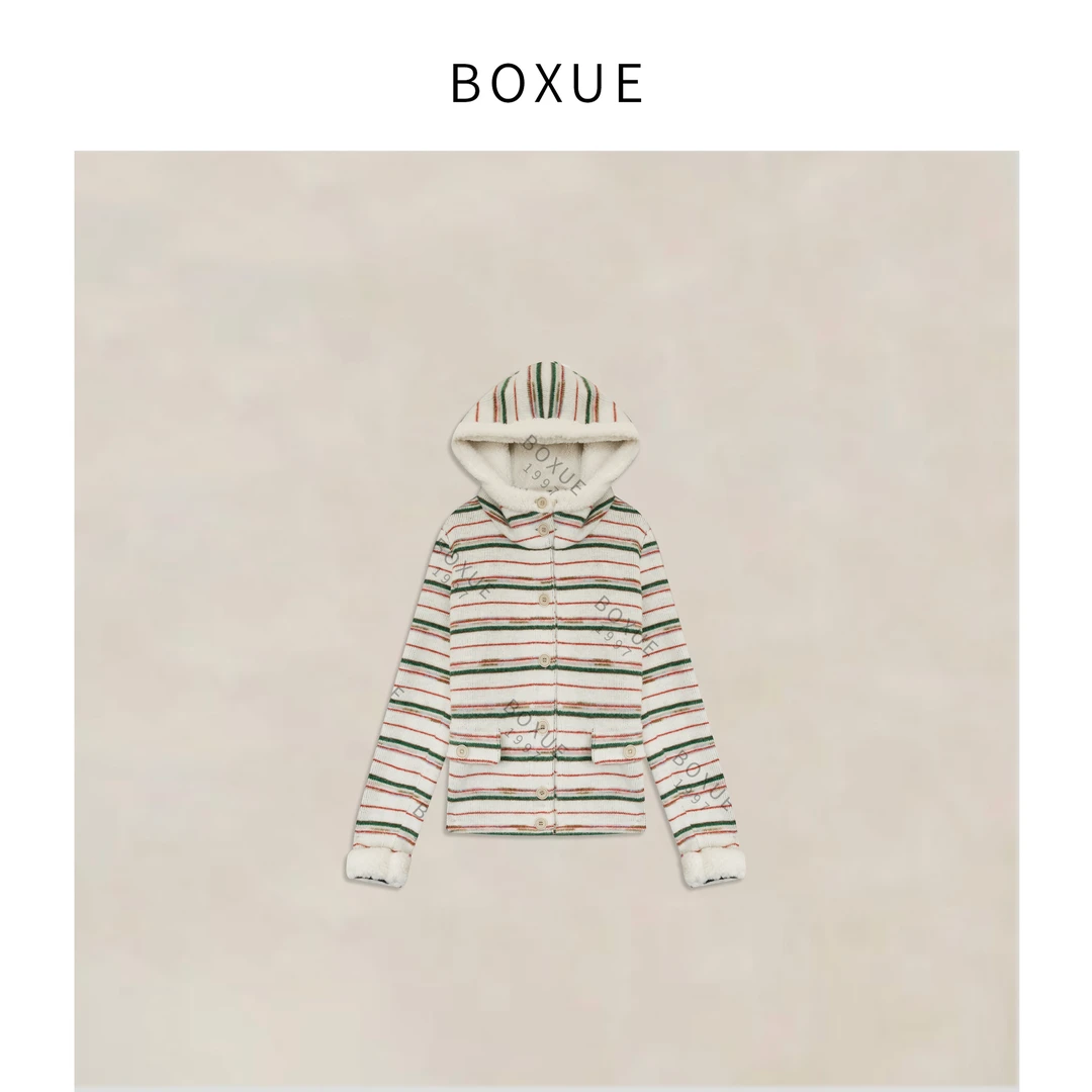 BOXUE“清游”2025秋冬高级感连帽条纹轻奢 外套#250928W5201