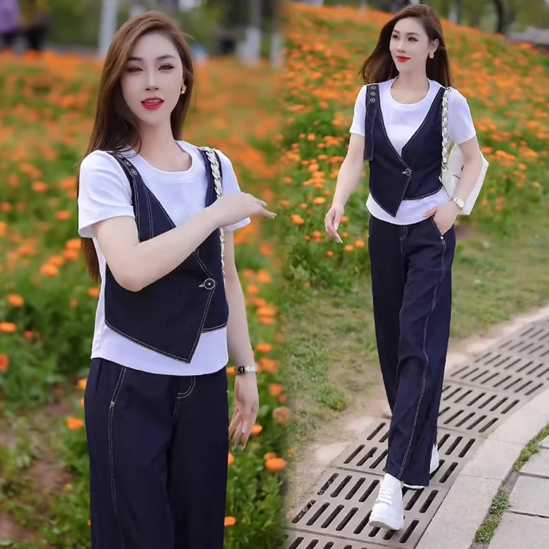 时尚套装女2025夏季新款洋气减龄假两件短袖T恤牛仔阔腿裤两件套