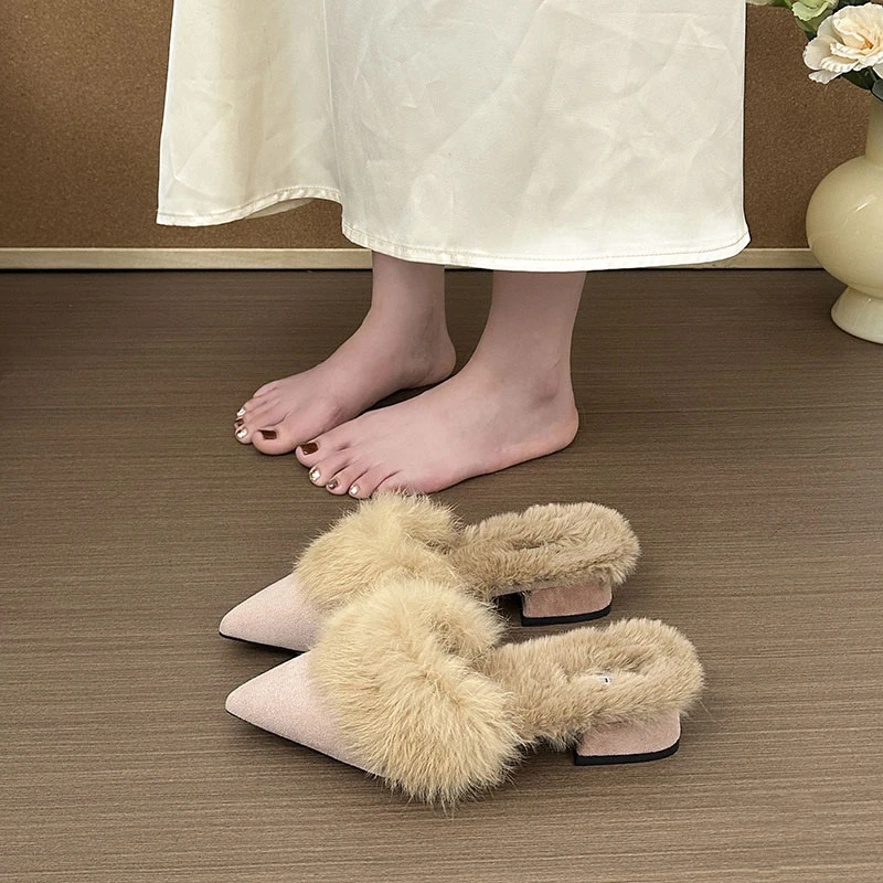 毛毛拖鞋女保暖加绒尖头时尚半拖外穿粗跟高跟名媛气质包头穆勒鞋