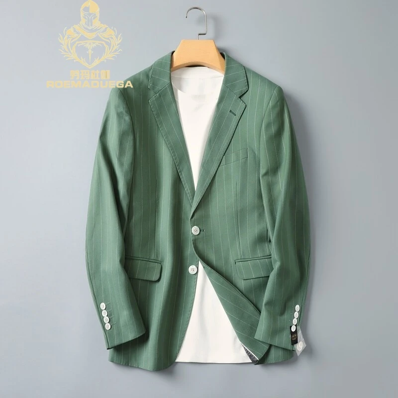 劳玛杜伽男士休闲条纹西装外套韩版修身时尚潮流春秋季休闲上衣