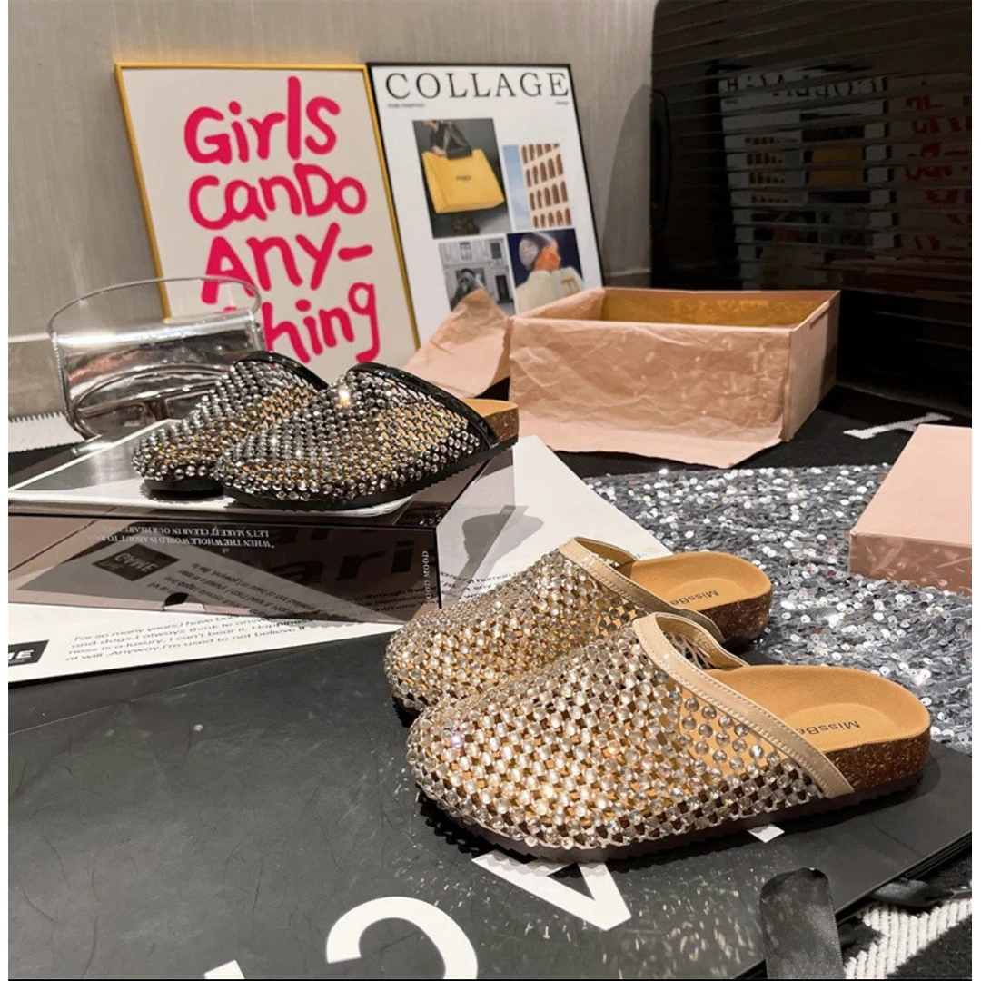 金色气质水钻镂空包头半拖鞋女夏外穿配裙子2025款法式凉拖