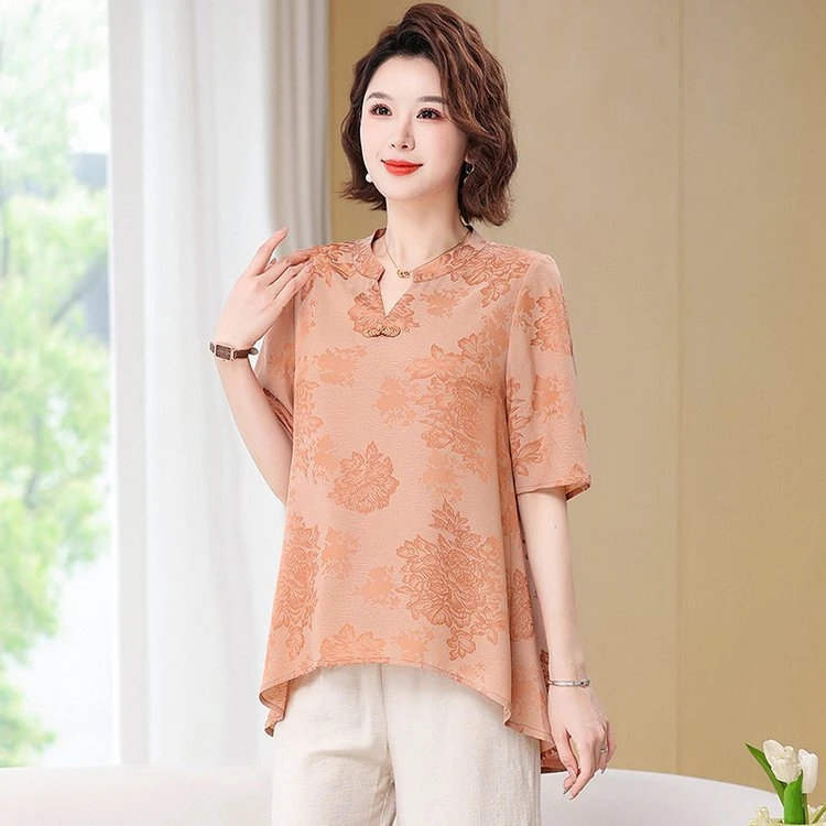夏季新款妈妈装提花气质显瘦百搭大码中老年女t恤新中式国风套装