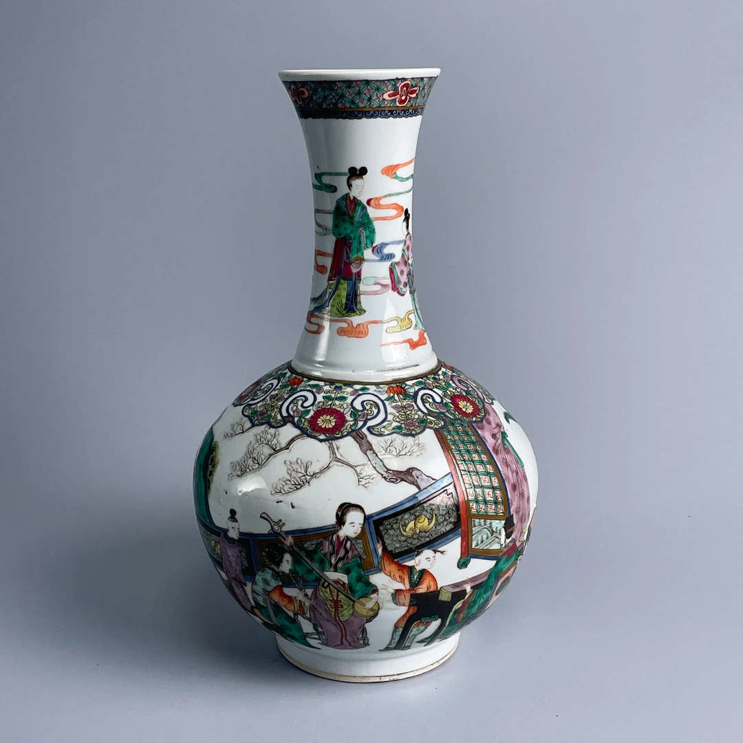 瓷器/古董清光绪人物故事纹长颈赏瓶M25AC001179收藏/文物/绣花张