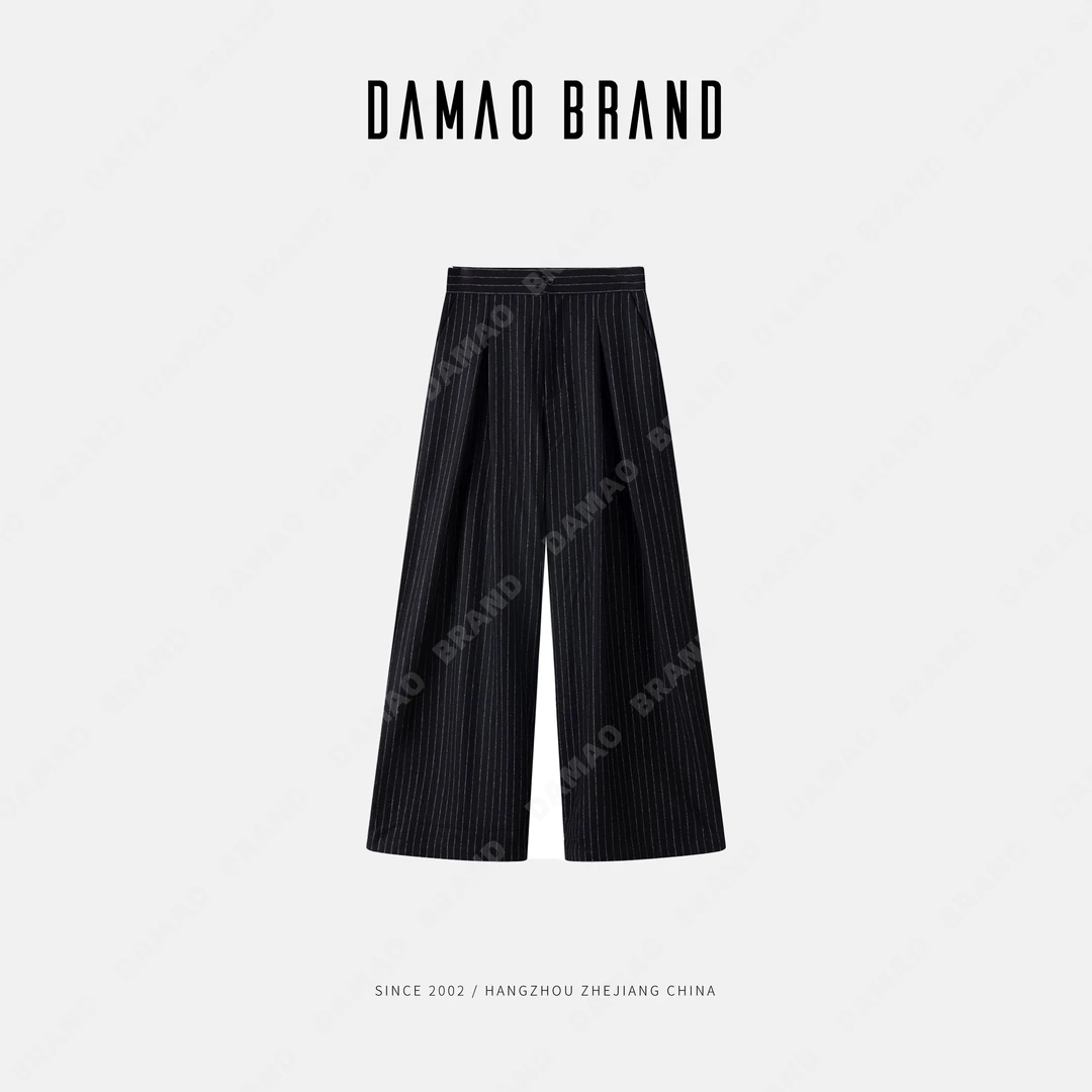 【DAMAO】精纺羊毛系列款气质时尚黑色高腰条纹西裤女裤子阔腿宽松
