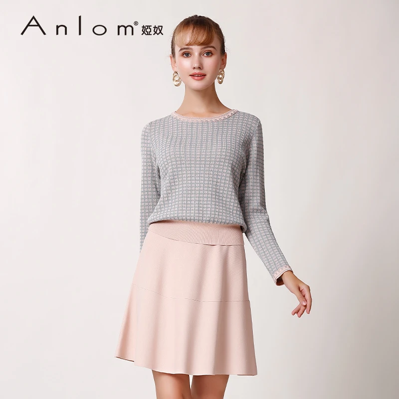 Anlom/娅奴春季长袖新款圆领兰粉休闲桑蚕丝针织衫通勤上衣套衫
