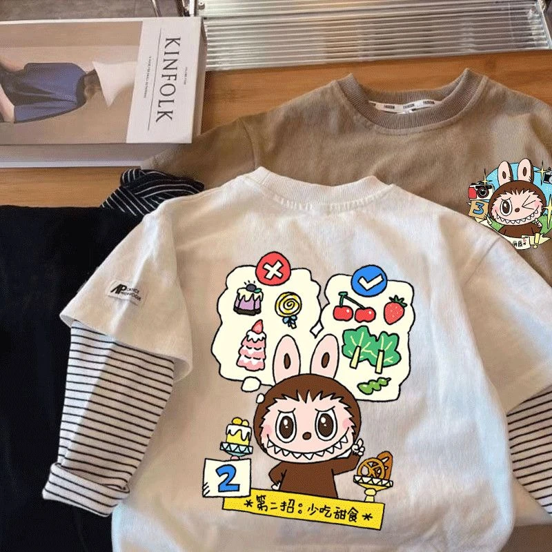 春秋季labubu男女宝假两件休闲百搭打底衫儿童卡通印花上衣中大童