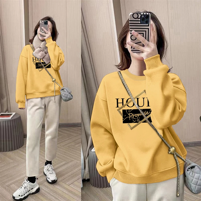 圆领套头打底衫加绒加厚卫衣女2025秋冬新款宽松韩版外套春秋薄款