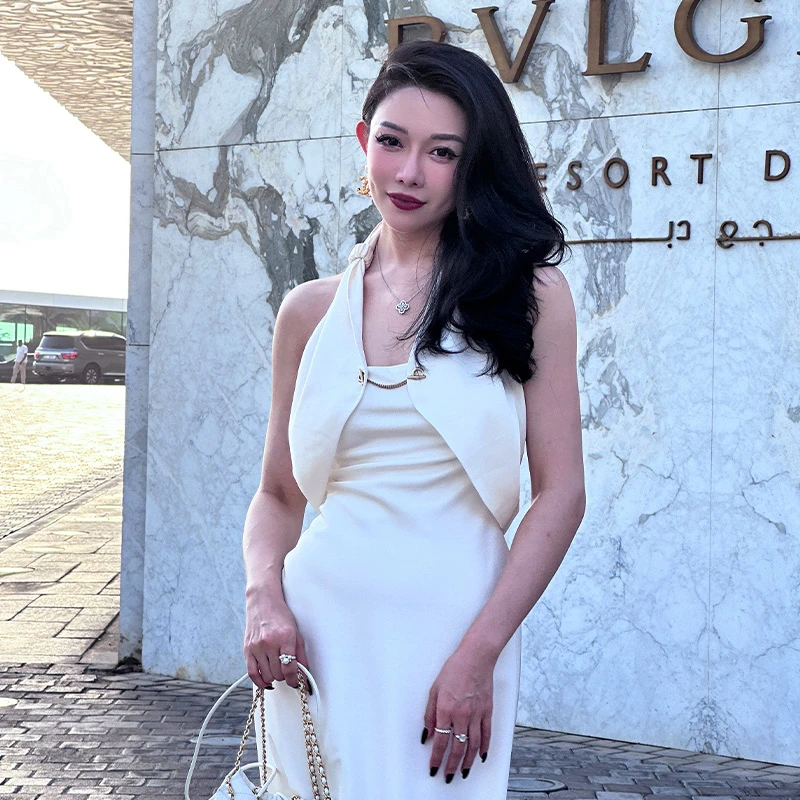 MAGGIE MA马婧设计师款链条修身显瘦白色优雅气质挂脖裙744D