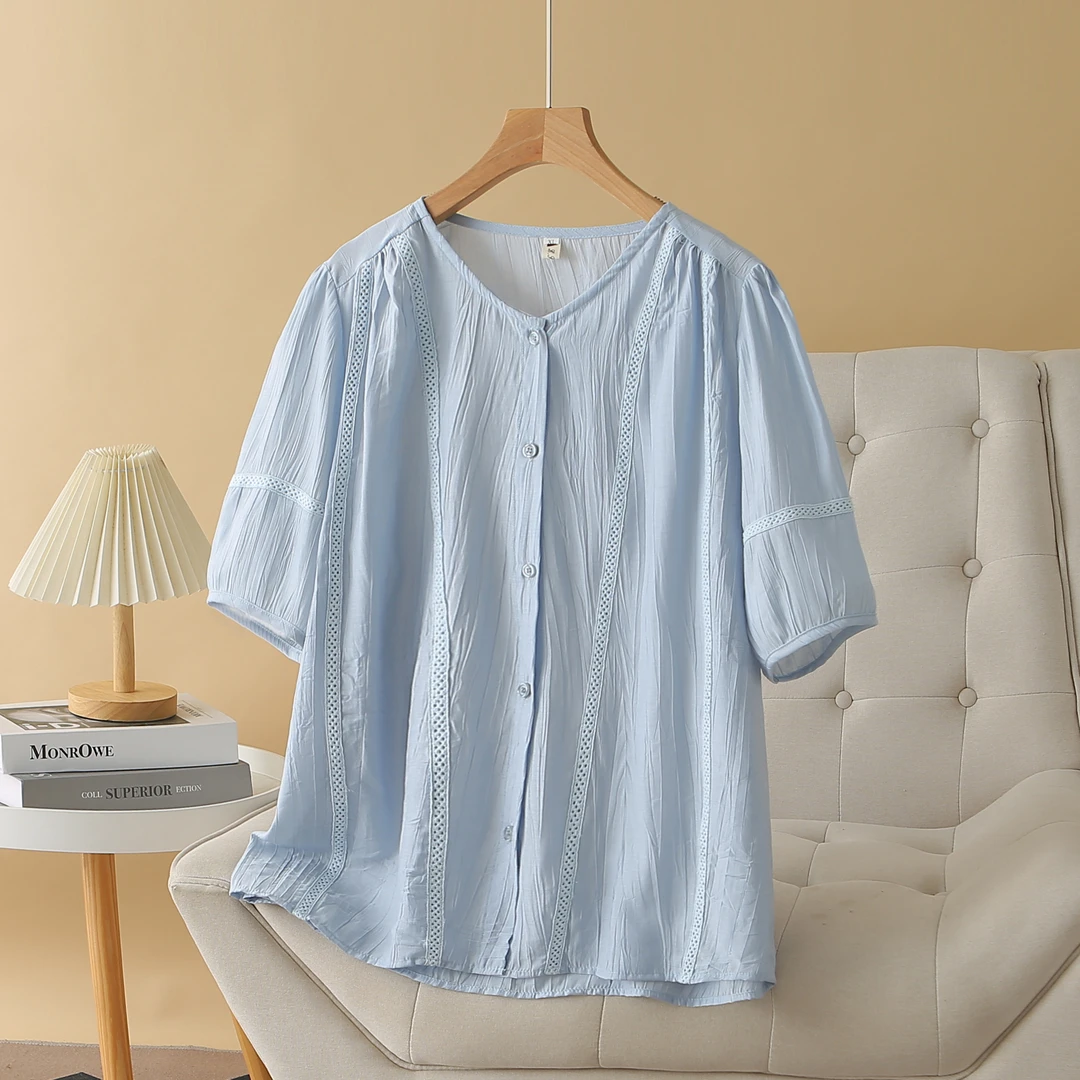 防晒夏季温婉风蕾丝拼接新款提花宽松凉感V领大码上衣衬衫短袖女