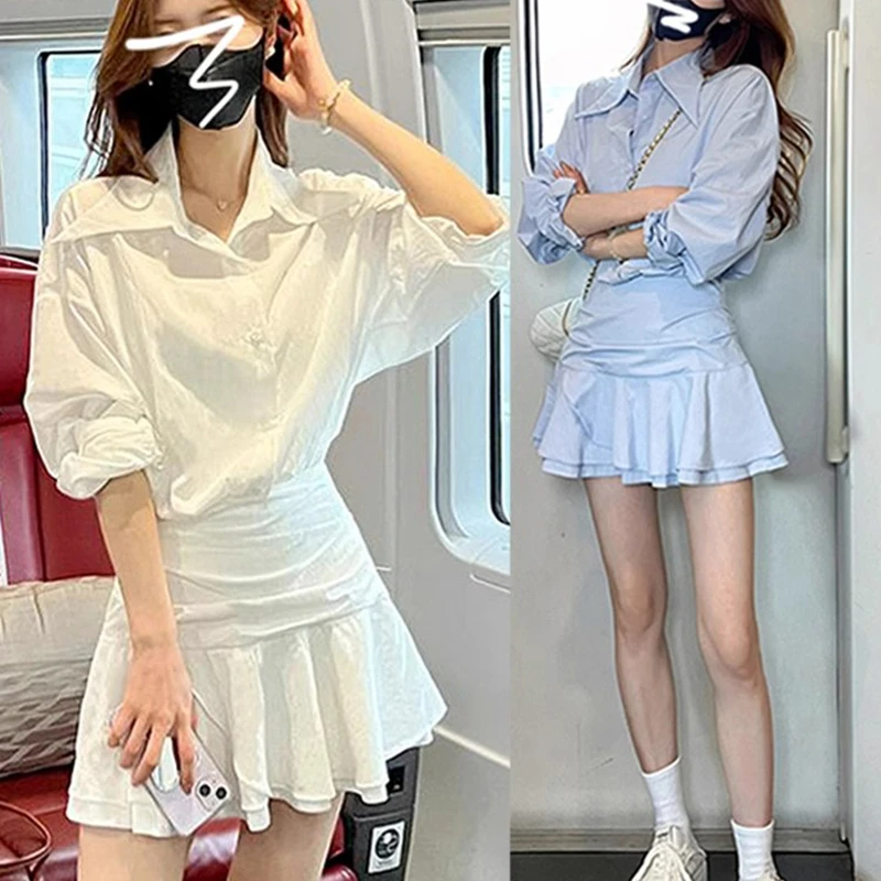 蓝色假两件长袖衬衫连衣裙春季2025新款小个子气质修身短裙D0398