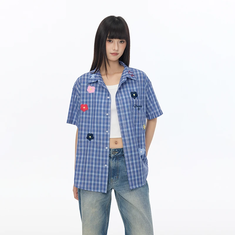 Endweep小花刺绣纯棉衬衫短袖夏季宽松潮牌格纹情侣上衣复古日系