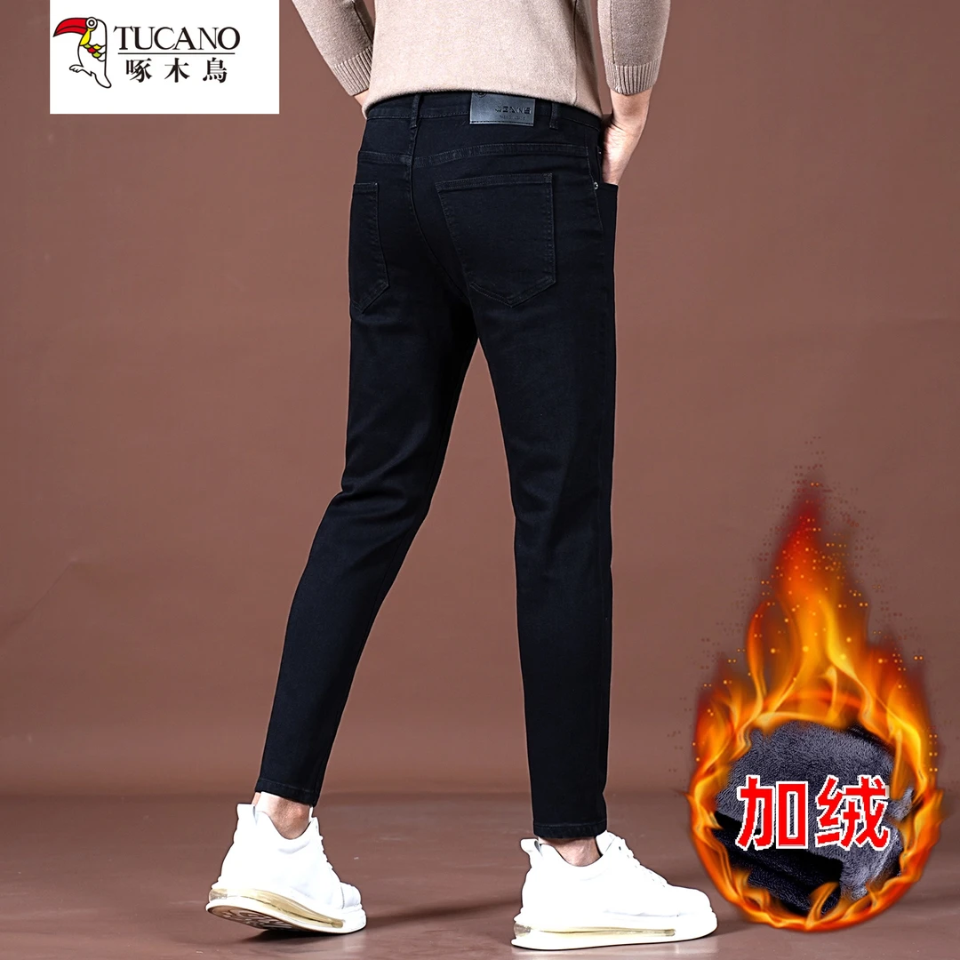 啄木鸟小个子九分裤加绒加厚修身小脚裤子2025秋冬季新款男牛仔裤