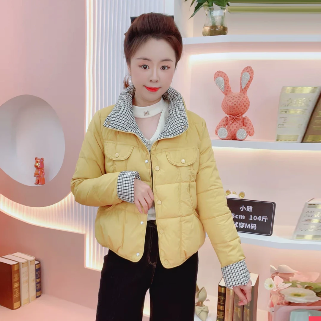 时尚格子拼接短款棉服外套女2025冬季新款洋气百搭加厚保暖小棉衣