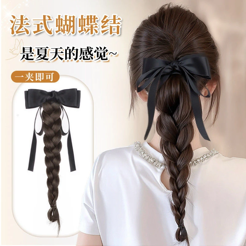 丝带蝴蝶结抓夹麻花辫假发辫马尾女新中式编发马尾饱满后脑勺发饰