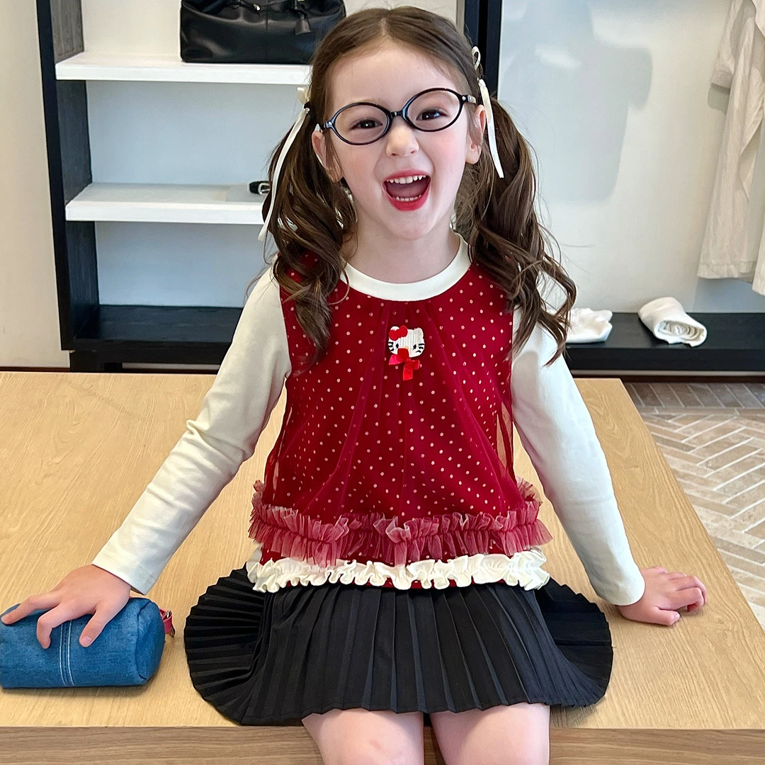 【大清仓】童装女童红色波点百搭上衣秋季儿童裙子假两件网纱T恤