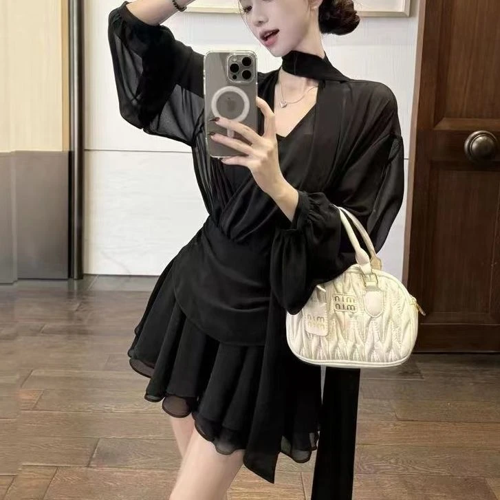 伊宝贝推荐大码法式长袖 性感百褶雪纺裙遮肚显瘦裙子746