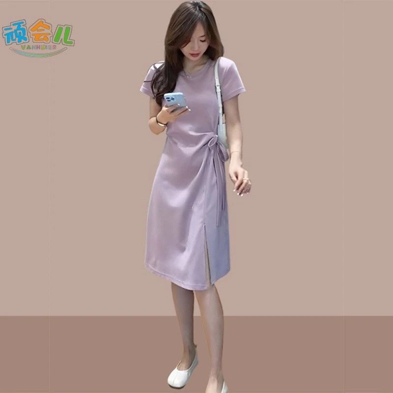 休闲法式紫色短袖t恤连衣裙女2025新款夏季设计感小