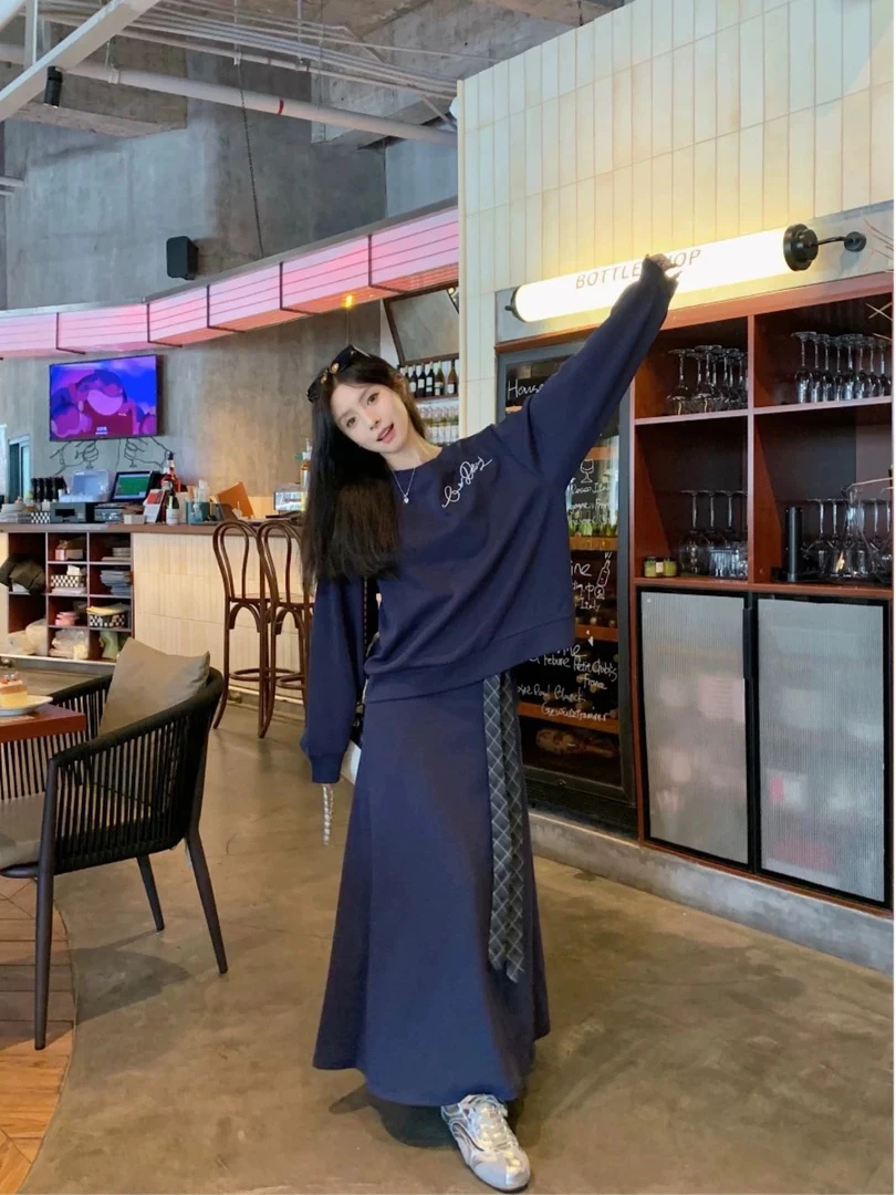 【安心推荐】休闲套装女春季刺绣长袖卫衣显瘦高腰半身裙子两件套