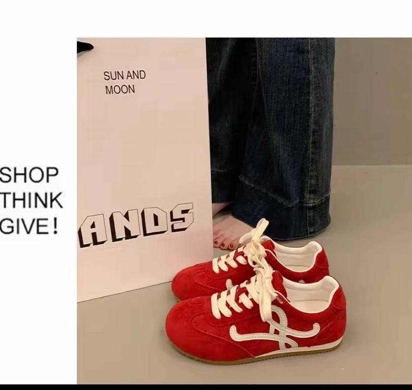 C117红色徳训鞋女2025新款百搭平底运动鞋休闲鞋阿甘鞋