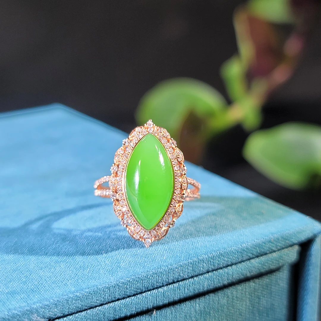 碧玉苹果绿马眼戒指 18k金镶嵌 女款时尚满绿排戒轻奢高冰精美