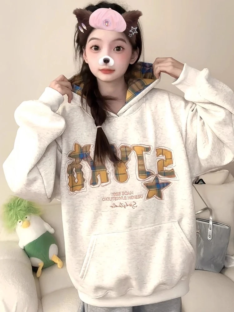 刺绣连帽卫衣女加绒加厚秋冬2025新款小个子oversize外套上衣潮牌