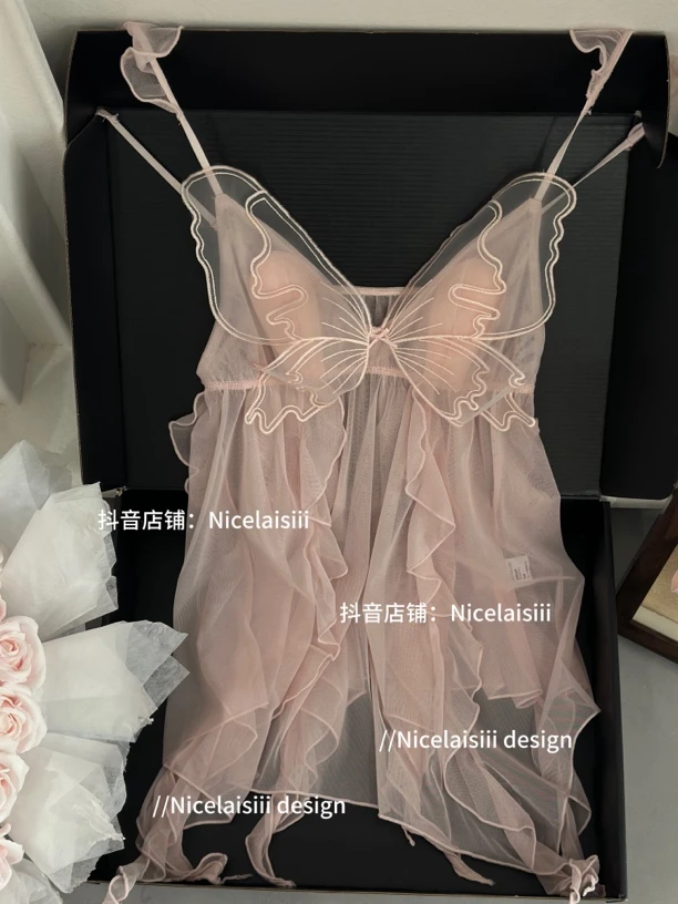Nicelaisiii甜心教主 网纱纯欲蝴蝶吊带睡裙甜美蕾丝约会睡衣性感