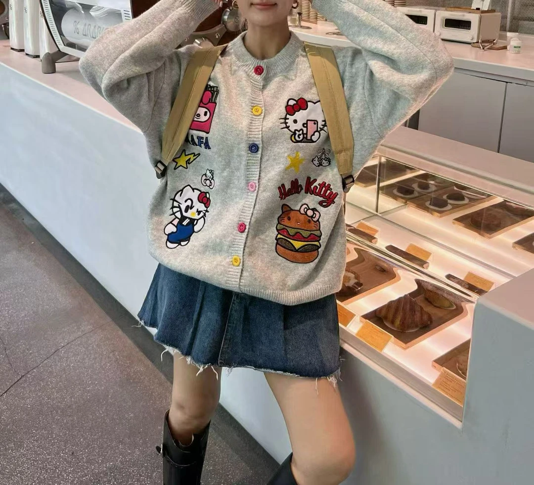 【王小小9123】欧货原创彩色扣kitty猫刺绣开衫毛衣女秋季针织外套