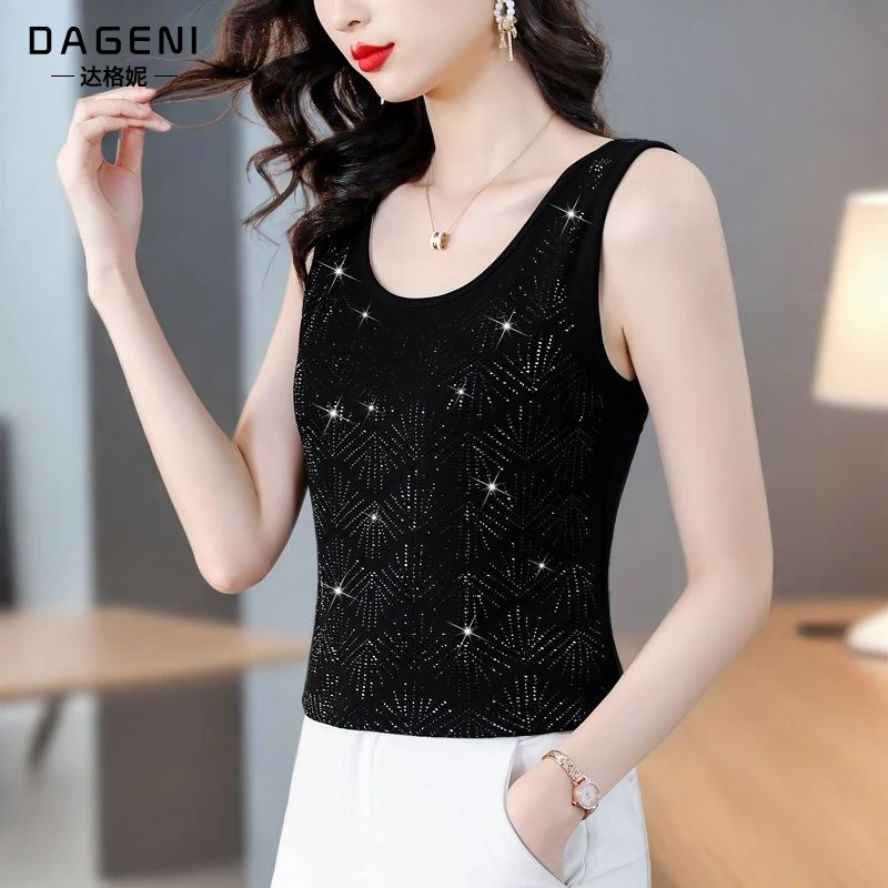 欧货重工烫钻吊带背心女春夏新款高弹无袖t恤内搭叠穿打底衫上衣