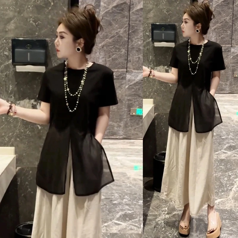 〖彰显精致〗2025夏季新款韩版设计感拼接网纱宽松显瘦中长上衣套