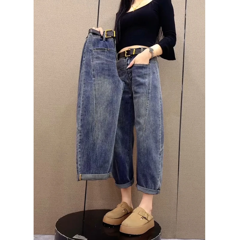 牛仔裤女士2025年春季新款爆款裤子时尚高腰弯刀裤蓝色九分阔腿裤