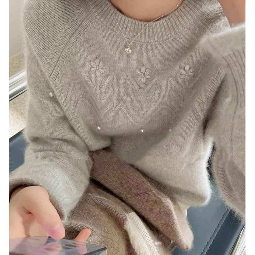 【手工绣花钉珠】韩版气质高级感手工立体绣花钉珠针织套头衫1162