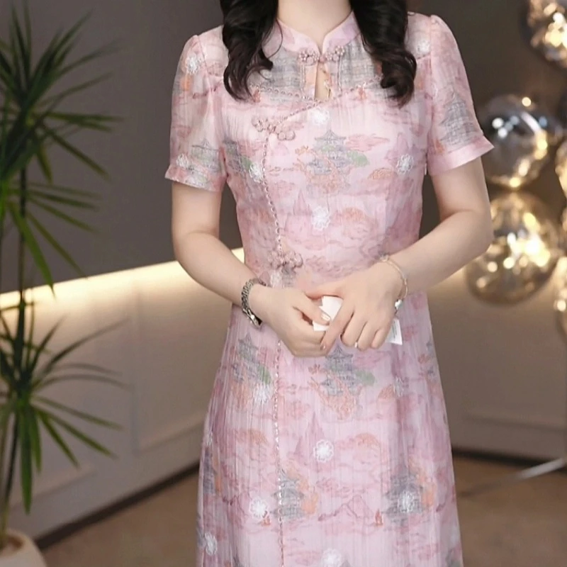 2025夏季新款时尚精致高档优雅中式国风印花修身显瘦中长款连衣裙