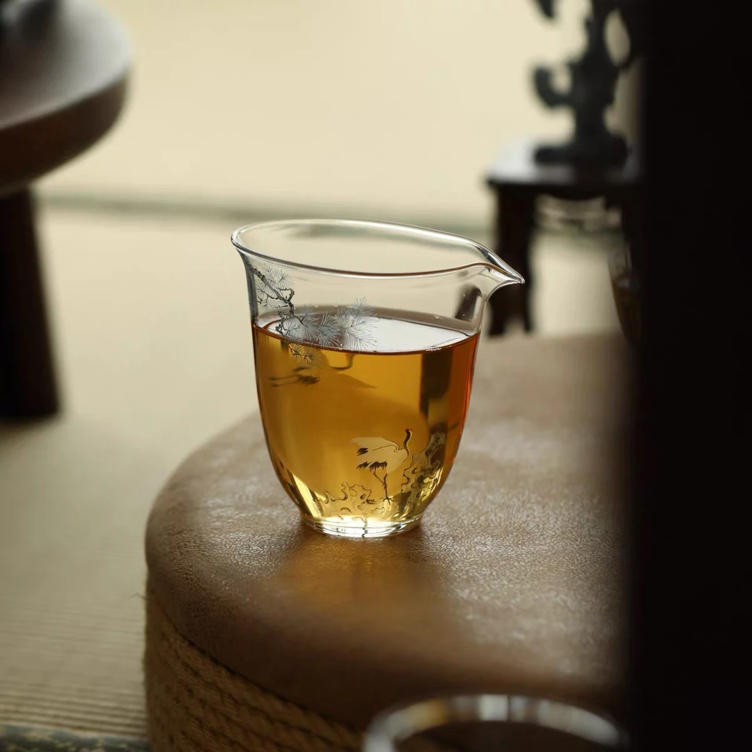 【德艺堂】手绘松鹤玻璃公道杯加厚耐热分茶器茶海匀杯家用公杯茶具
