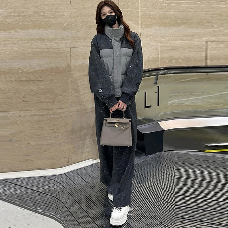 时尚套装女2024冬季新款洋气保暖亮片拼接棉衣外套阔腿裤两件套潮