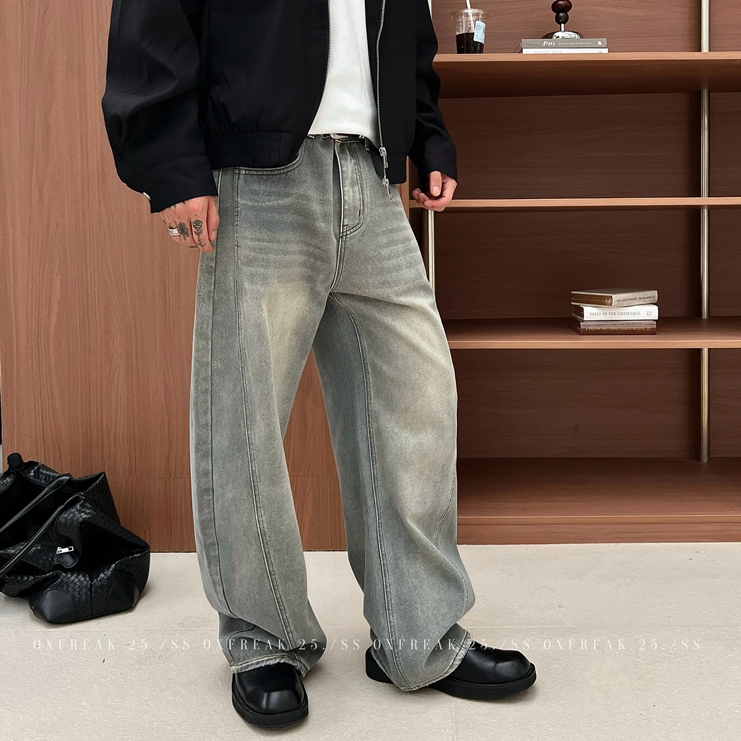 OXFREAK「解构弯刀 水洗猫须」美式复古牛仔裤男宽松拖地阔腿长裤
