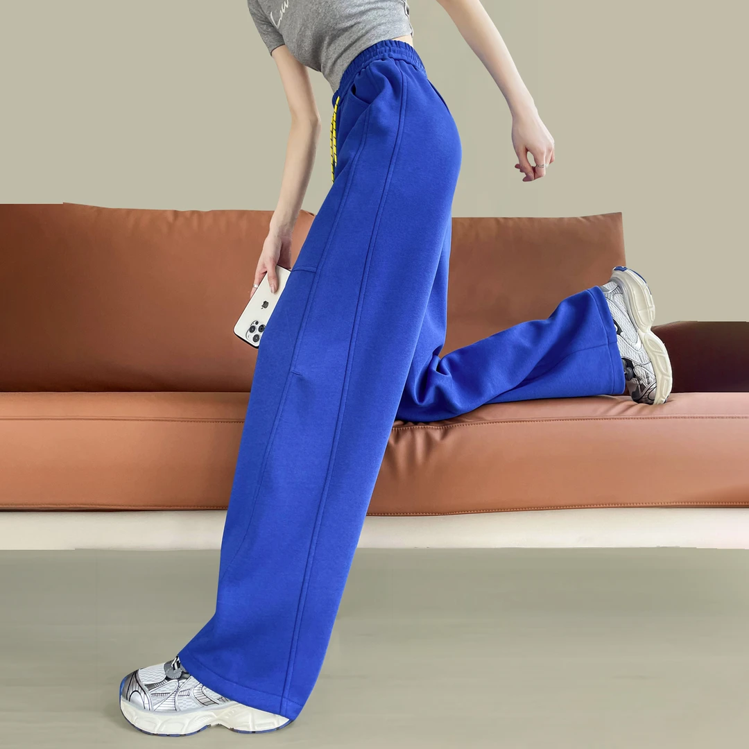 松紧高腰克莱因蓝休闲阔腿运动直筒卫裤女2025年春秋香蕉弯刀裤