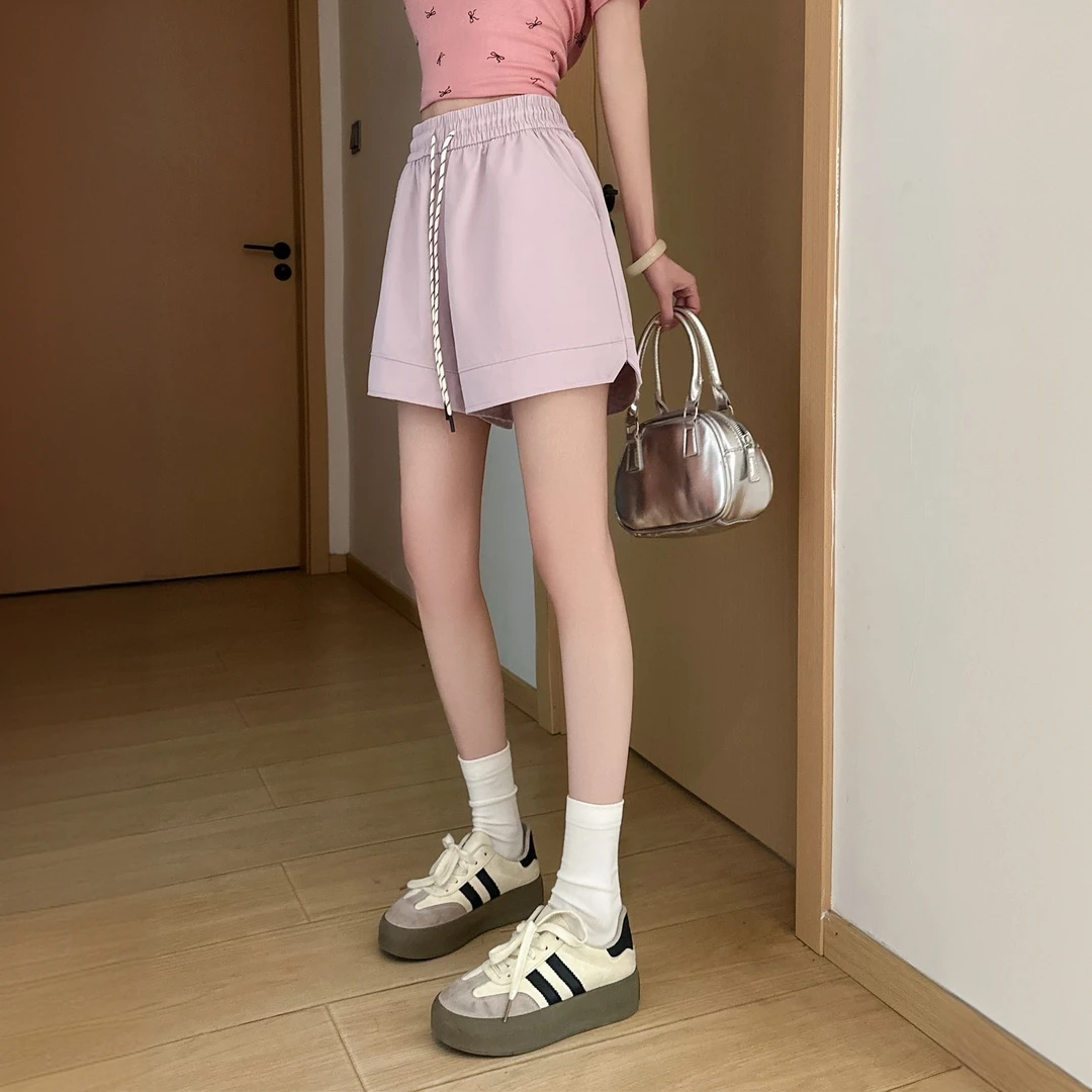 2025新款设计感冰丝抽绳纯色休闲裤女夏季宽松百搭显瘦直筒五分裤