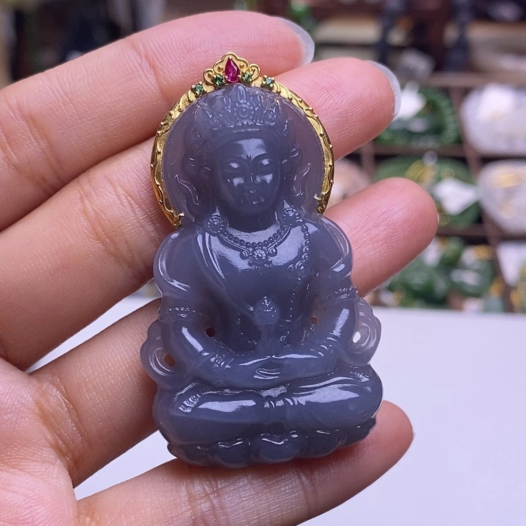 颈饰未镶嵌和田玉毕业级老坑料高冰烟紫金镶度母观音